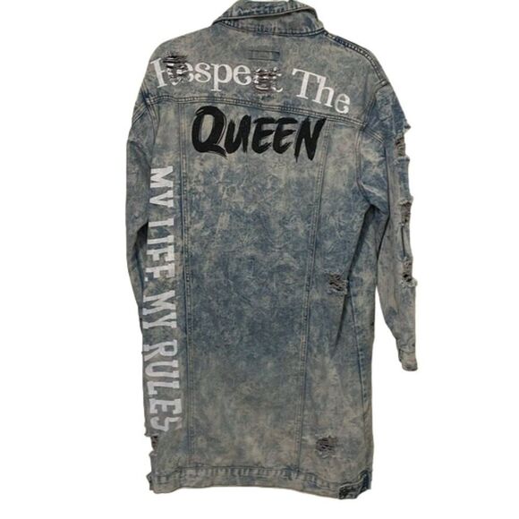 Thrill Acid Wash Long Duster Jean Jacket Womens Medium Graphic Print Distressed - Picture 8 of 12